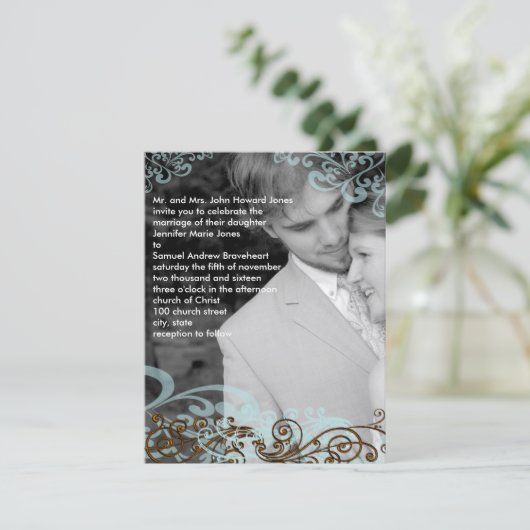 Swirly uw foto bruiloft uitnodiging blauw & bruin (Staand voorkant)