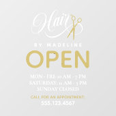 Swirly White Text Scissors Hair Salon Open Hours Raamsticker (Vel)