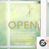 Swirly White Text Scissors Hair Salon Open Hours Raamsticker (Huis)