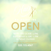 Swirly White Text Scissors Hair Salon Open Hours Raamsticker (Vel 3)
