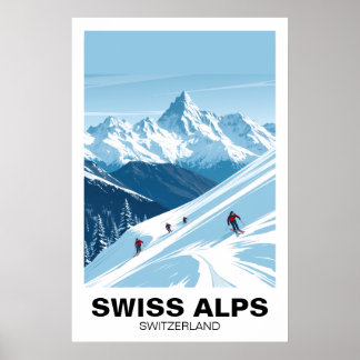 Swiss Alps Skiing, Switzerland Vintage Travel Art Poster