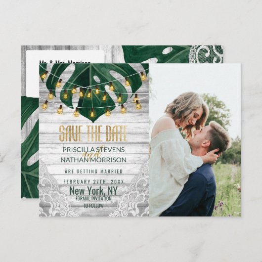 Swiss Cheese Leaf String Light Lace Gold Save Datu Briefkaart (Voorkant / Achterkant)