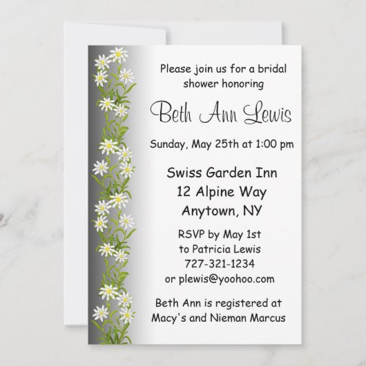 Swiss Edelweiss Flowers Bridal Shower Uitnodiging (Voorkant)