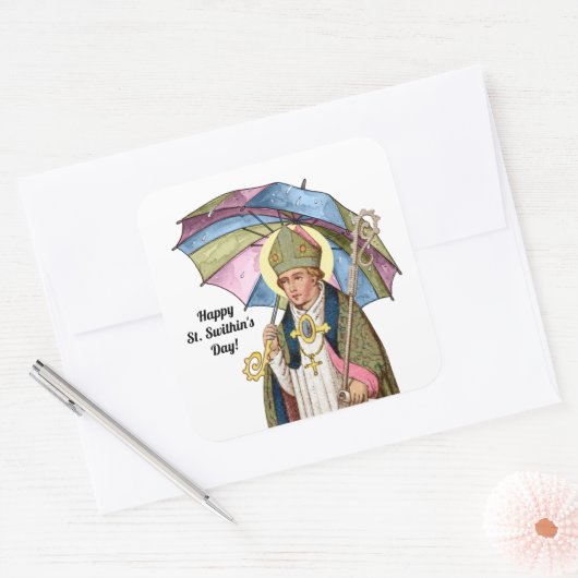 Swithin met paraplu vierkante sticker (Envelop)