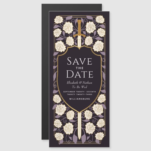 Sword & Schilder Medieval Fantasy Sparen de Datum Magnetische Uitnodiging (Voorkant / Achterkant)