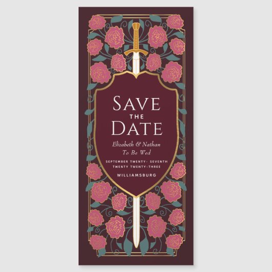 Sword & Schilder Medieval Fantasy Sparen de Datum Magnetische Uitnodiging (Voorkant)