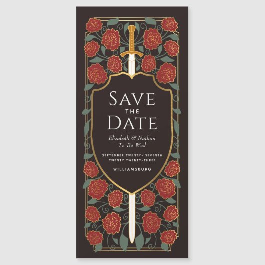 Sword & Schilder Medieval Fantasy Sparen de Datum Magnetische Uitnodiging (Voorkant)