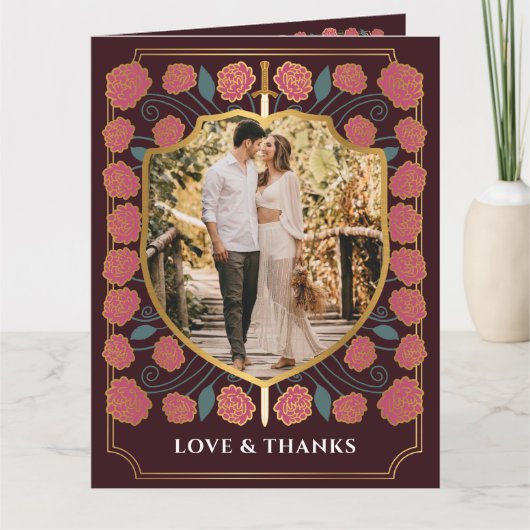 Sword & Shield Medieval Fantasy Monogram Weddensch Bedankkaart (Voorkant)