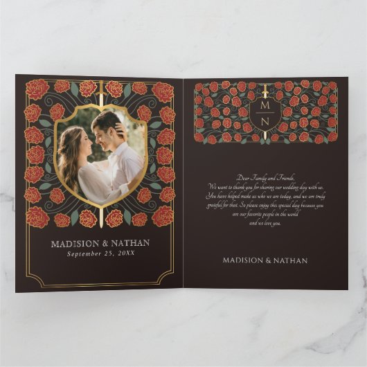 Sword & Shield Medieval Fantasy Monogram Weddensch Bedankkaart (Binnen)