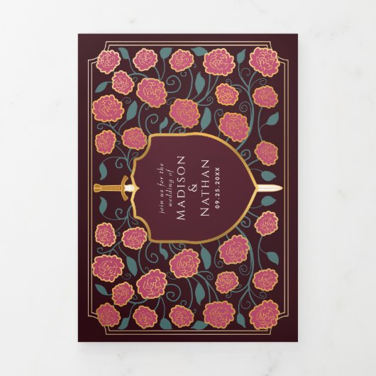 Sword & Shield Medieval Fantasy Monogram Weddensch Drieluik Uitnodiging (Cover)