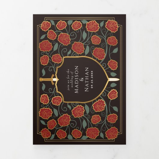 Sword & Shield Medieval Fantasy Monogram Weddensch Drieluik Uitnodiging (Cover)