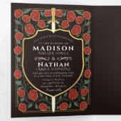 Sword & Shield Medieval Fantasy Monogram Weddensch Drieluik Uitnodiging (Binnenzijde eerst)