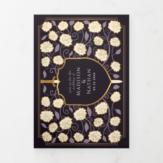 Sword & Shield Medieval Fantasy Monogram Weddensch Drieluik Uitnodiging (Cover)