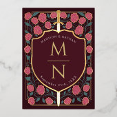Sword & Shield Medieval Fantasy Monogram Weddensch Folie Uitnodiging (Achterkant)