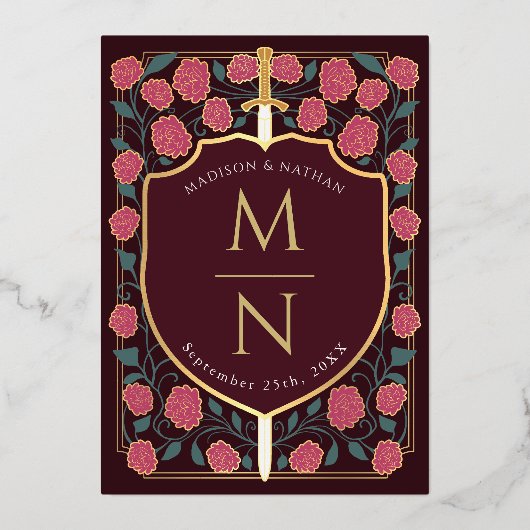 Sword & Shield Medieval Fantasy Monogram Weddensch Folie Uitnodiging (Achterkant)