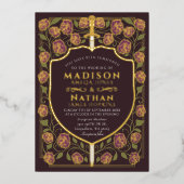 Sword & Shield Medieval Fantasy Monogram Weddensch Folie Uitnodiging (Voorkant)