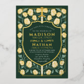 Sword & Shield Medieval Fantasy Monogram Weddensch Folie Uitnodiging (Voorkant)