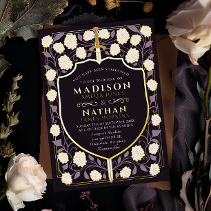 Sword & Shield Medieval Fantasy Monogram Weddensch Folie Uitnodiging