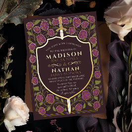 Sword & Shield Medieval Fantasy Monogram Weddensch Folie Uitnodiging