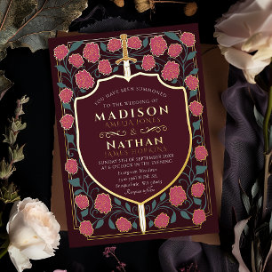 Sword & Shield Medieval Fantasy Monogram Weddensch Folie Uitnodiging