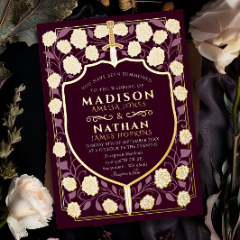 Sword & Shield Medieval Fantasy Monogram Weddensch Folie Uitnodiging