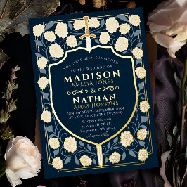 Sword & Shield Medieval Fantasy Monogram Weddensch Folie Uitnodiging