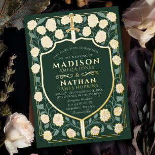 Sword & Shield Medieval Fantasy Monogram Weddensch Folie Uitnodiging