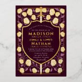 Sword & Shield Medieval Fantasy Monogram Weddensch Folie Uitnodiging (Voorkant)