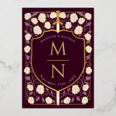 Sword & Shield Medieval Fantasy Monogram Weddensch Folie Uitnodiging (Achterkant)