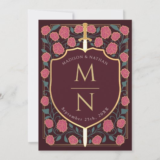 Sword & Shield Medieval Fantasy Monogram Weddensch Kaart (Achterkant)