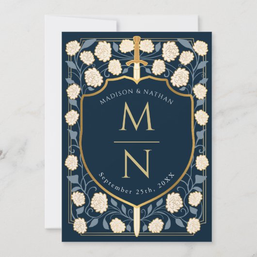 Sword & Shield Medieval Fantasy Monogram Weddensch Kaart (Achterkant)