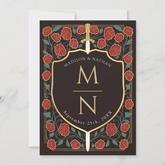 Sword & Shield Medieval Fantasy Monogram Weddensch Kaart (Achterkant)