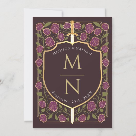 Sword & Shield Medieval Fantasy Monogram Weddensch Kaart (Achterkant)