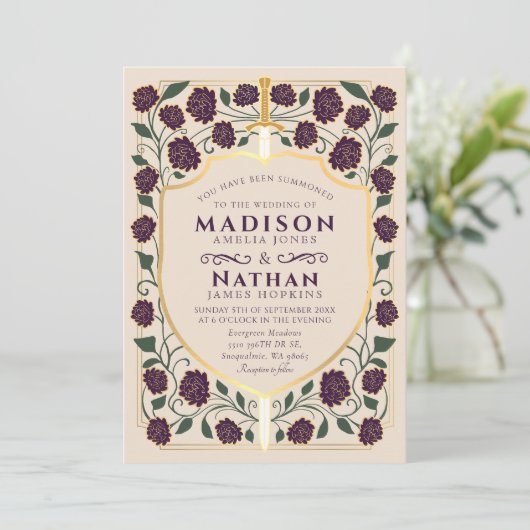 Sword & Shield Medieval Fantasy Monogram Weddensch Kaart (Staand voorkant)