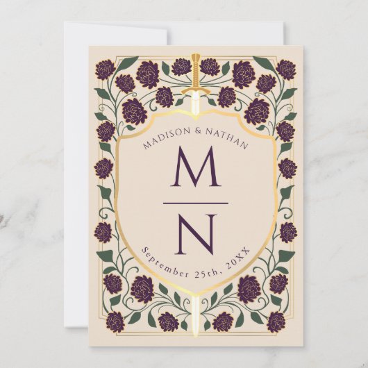 Sword & Shield Medieval Fantasy Monogram Weddensch Kaart (Achterkant)