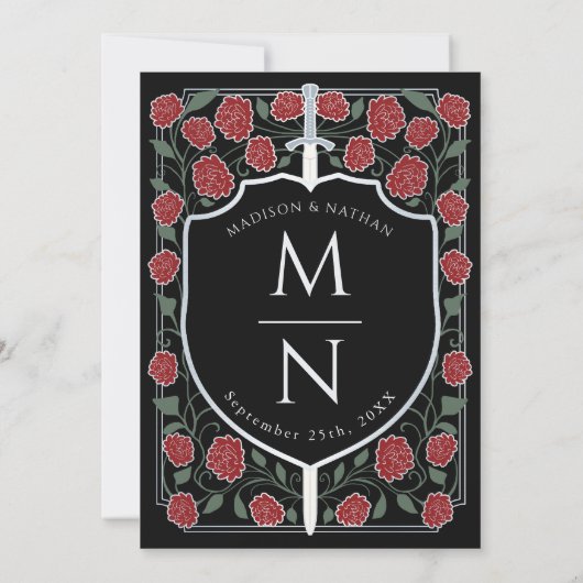 Sword & Shield Medieval Fantasy Monogram Weddensch Kaart (Achterkant)