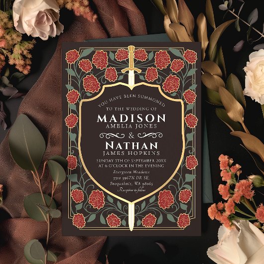 Sword & Shield Medieval Fantasy Monogram Weddensch Kaart