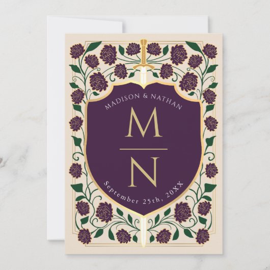 Sword & Shield Medieval Fantasy Monogram Weddensch Kaart (Achterkant)