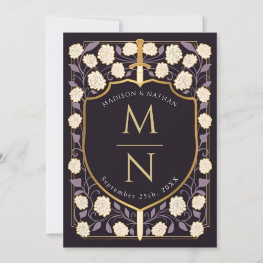 Sword & Shield Medieval Fantasy Monogram Weddensch Kaart (Achterkant)