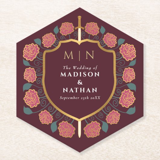 Sword & Shield Medieval Fantasy Monogram Weddensch Kartonnen Onderzetters (Voorkant)