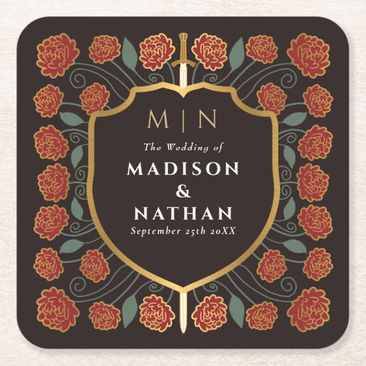 Sword & Shield Medieval Fantasy Monogram Weddensch Kartonnen Onderzetters (Voorkant)