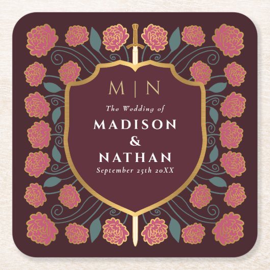 Sword & Shield Medieval Fantasy Monogram Weddensch Kartonnen Onderzetters (Voorkant)