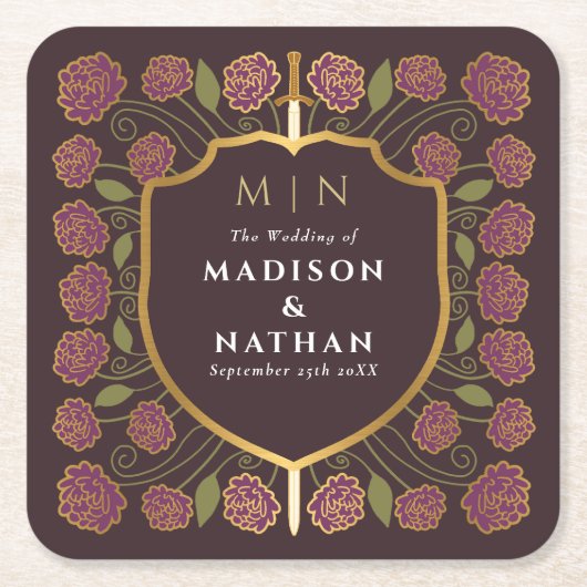 Sword & Shield Medieval Fantasy Monogram Weddensch Kartonnen Onderzetters (Voorkant)