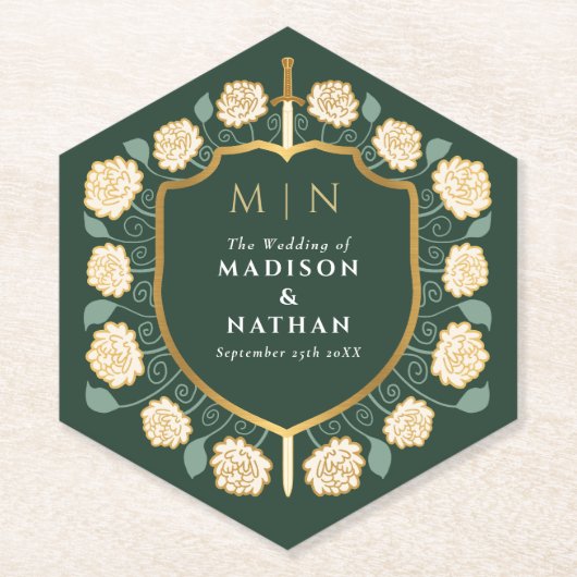 Sword & Shield Medieval Fantasy Monogram Weddensch Kartonnen Onderzetters (Voorkant)