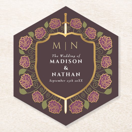 Sword & Shield Medieval Fantasy Monogram Weddensch Kartonnen Onderzetters (Voorkant)