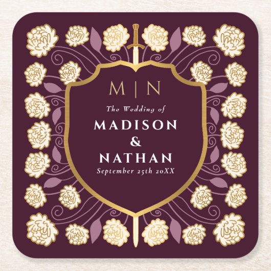 Sword & Shield Medieval Fantasy Monogram Weddensch Kartonnen Onderzetters (Voorkant)