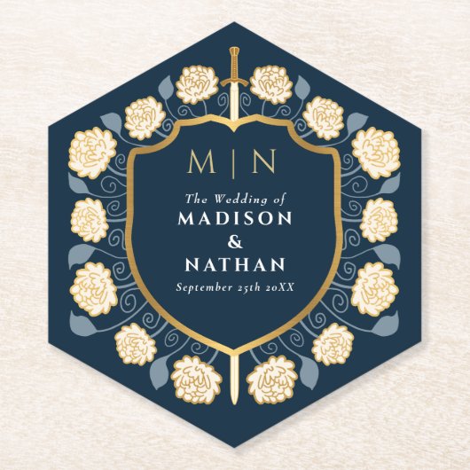 Sword & Shield Medieval Fantasy Monogram Weddensch Kartonnen Onderzetters (Voorkant)