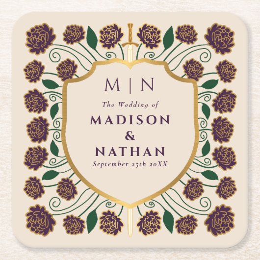 Sword & Shield Medieval Fantasy Monogram Weddensch Kartonnen Onderzetters (Voorkant)