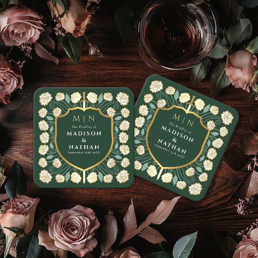 Sword & Shield Medieval Fantasy Monogram Weddensch Kartonnen Onderzetters