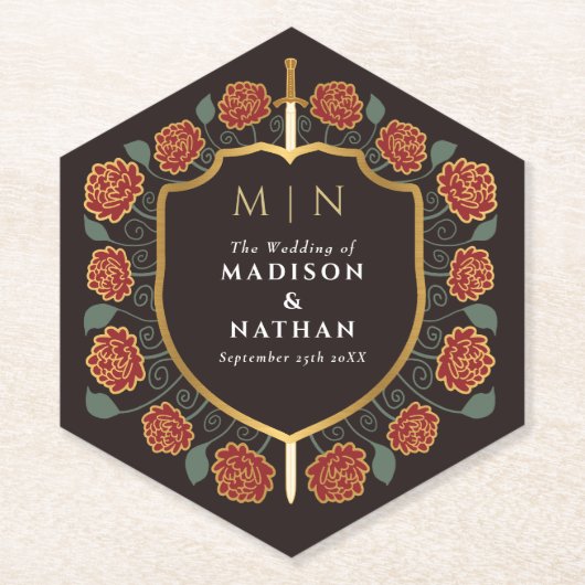 Sword & Shield Medieval Fantasy Monogram Weddensch Kartonnen Onderzetters (Voorkant)